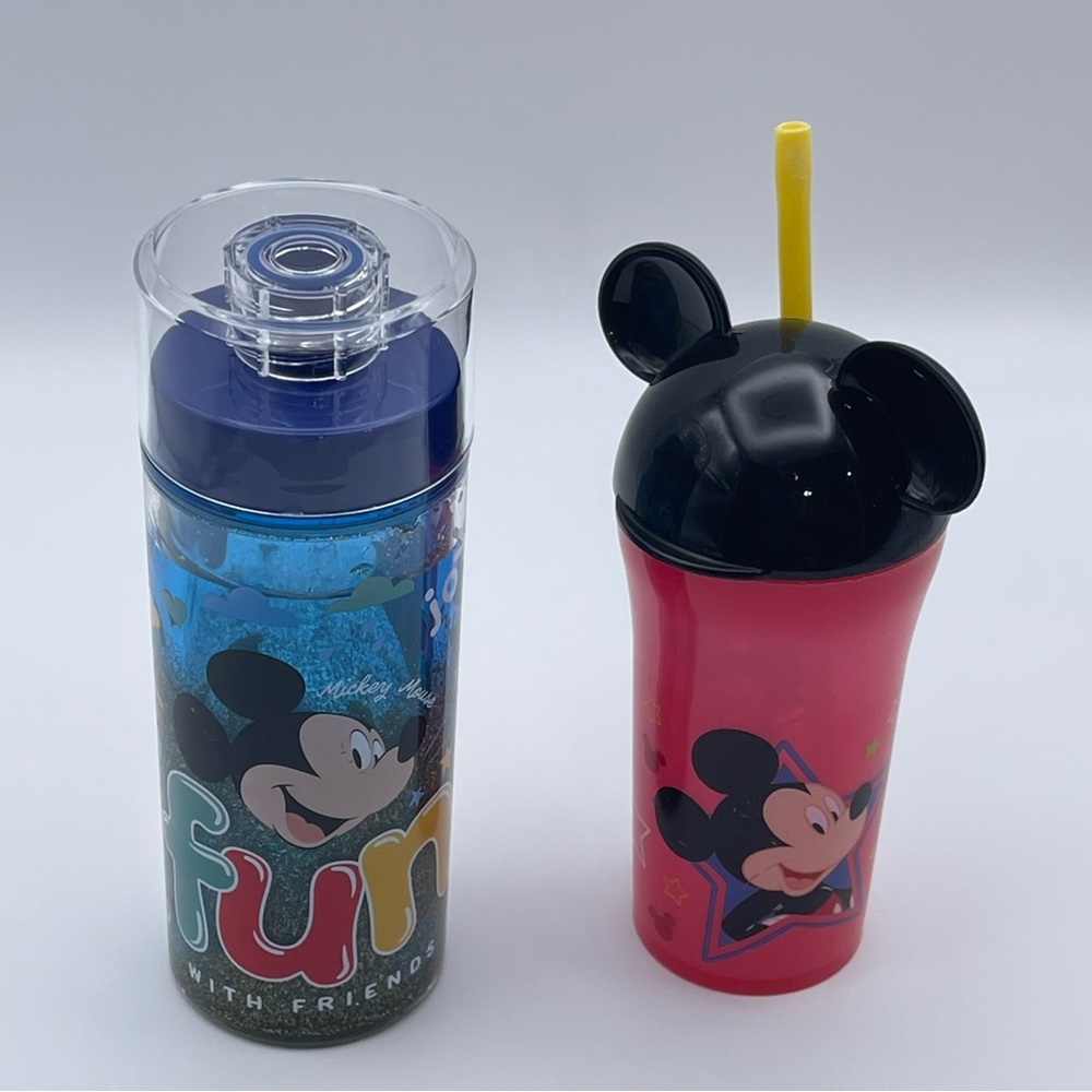 Disney Mickey Mouse Glitter Water Bottle + Straw Cup‎ Set Kids Drinkware